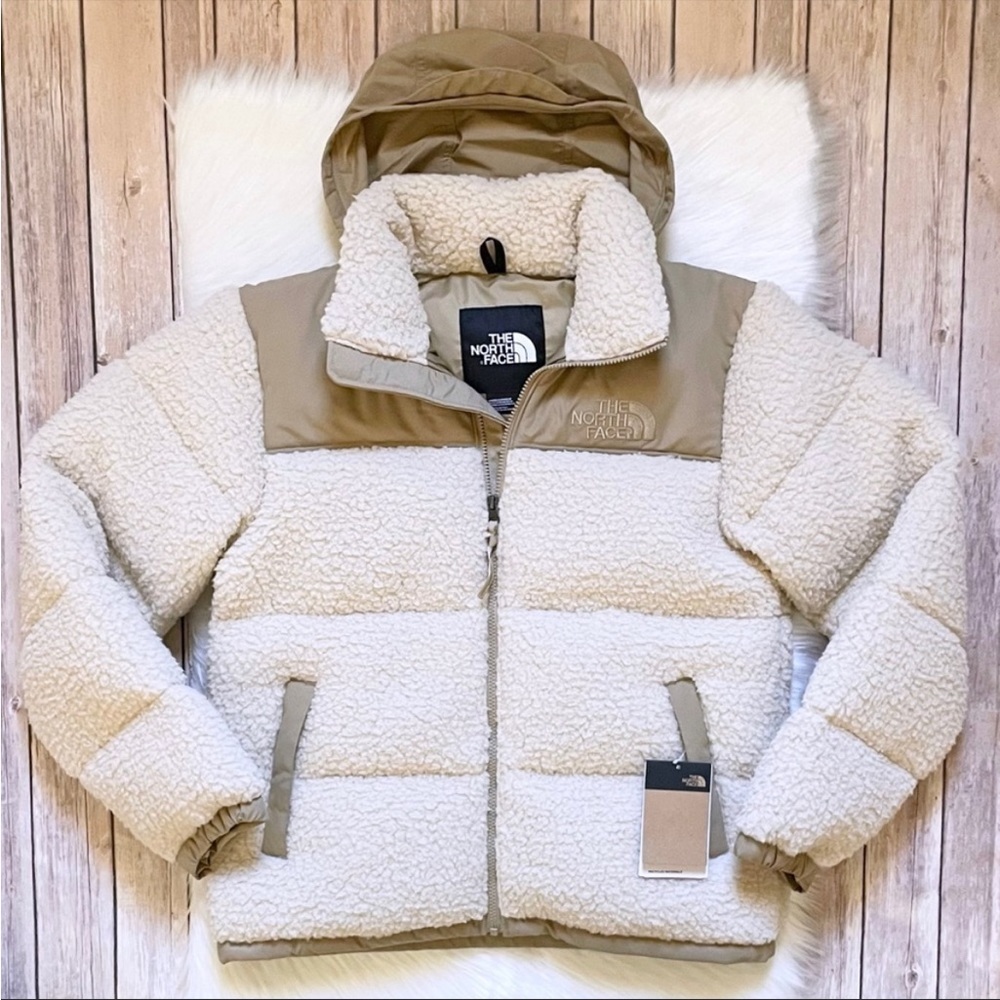 The North Face Women's Cream Sherpa Puffer Jacket with Tan Yoke - Picture 2 of 12